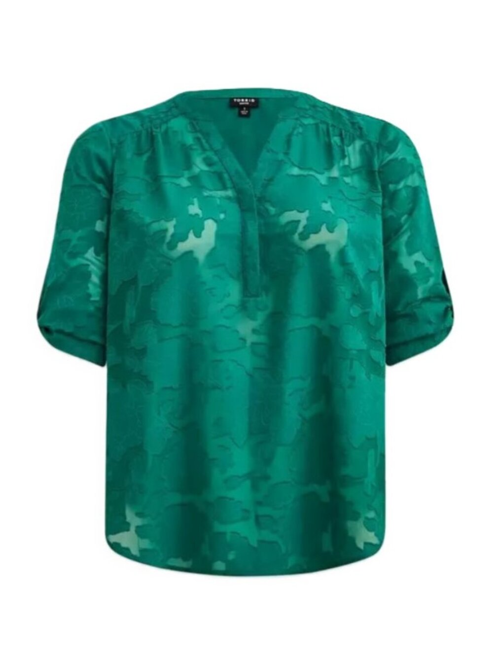 Torrid Harper Top Womens Size 2X Green Sheer Floral Roll Tab Sleeves Chiffon